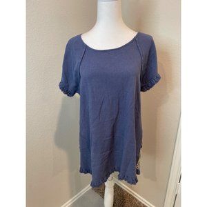 Umgee Blue Paisley Linen Blend Fringe Sleeve & Hem SS Top